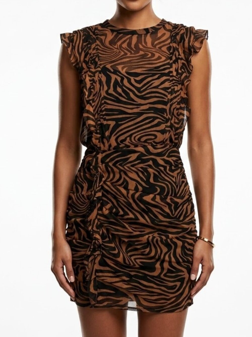 EXPRESS Whimsygoth Tiger Stripe Chiffon Ruffle Ruched Open Back Mini Dress M